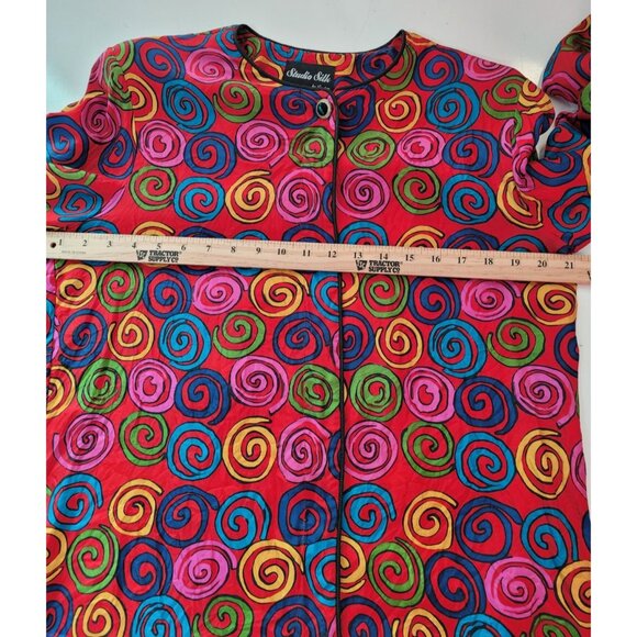 Vintage 90s 100% Silk Blouse L Long Sleeve Button Mod Red Psychedelic - Picture 10 of 16